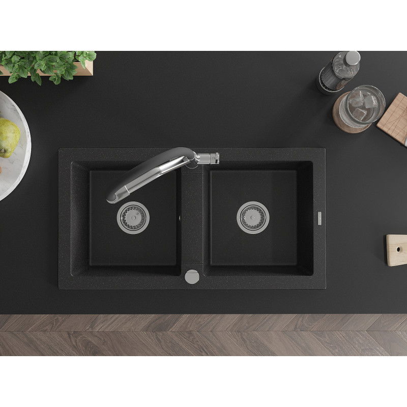 Mexen Mario Granitspüle 2-Kammer mit Küchenarmatur Duo, schwarz/silber metallic - 6504-73-671701-07