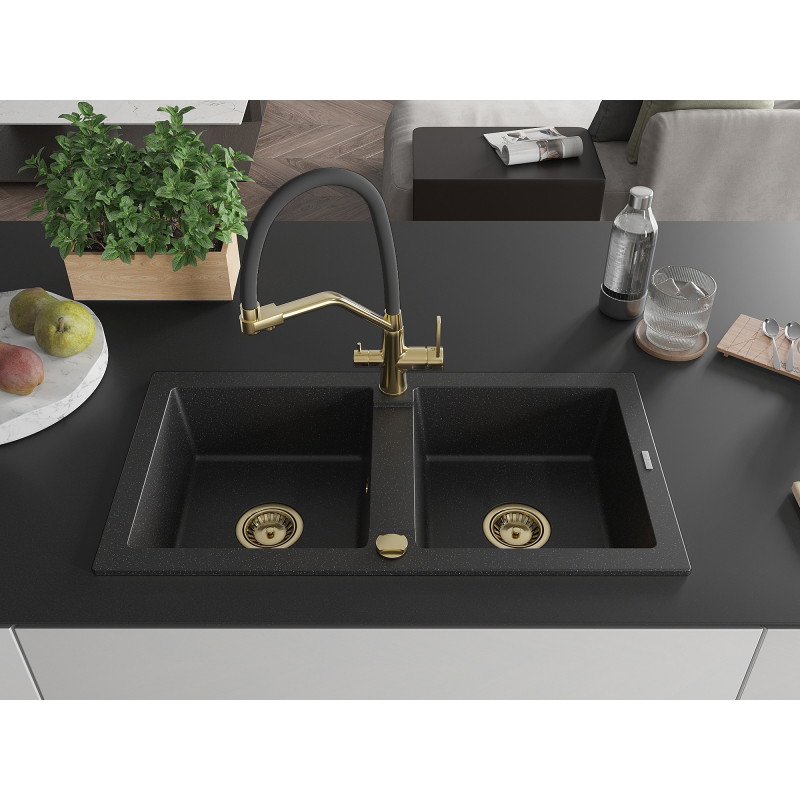 Mexen Mario fregadero de granito de 2 compartimentos con grifo de cocina Duo, negro/metálico plateado - 6504-73-671701-57-G