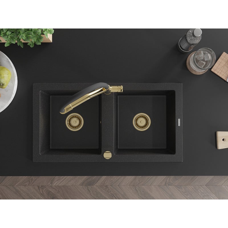 Mexen Mario Granitspüle, 2-beckig mit Küchenarmatur Duo, schwarz/silber metallic - 6504-73-671701-57-G