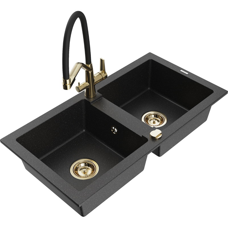 Mexen Mario fregadero de granito de 2 compartimentos con grifo de cocina Duo, negro/metálico plateado - 6504-73-671701-57-G