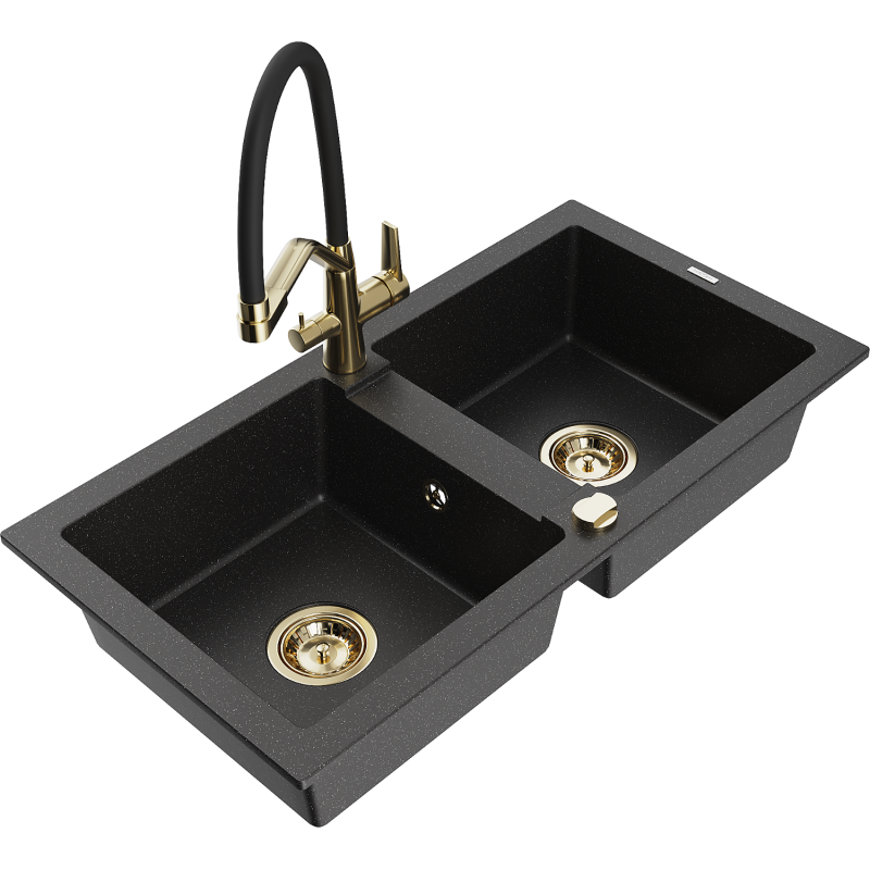 Mexen Mario fregadero de granito de 2 senos con grifo de cocina Duo, negro/plateado metálico - 6504-73-671701-57-G