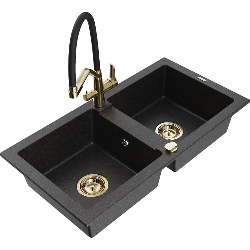 Mexen Mario granitspüle 2-fach mit küchenarmatur Duo, schwarz/silber metallic - 6504-73-671701-57-G