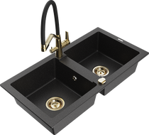 Mexen Mario 2-compartment granite sink with Duo kitchen faucet, black/silver metallic - 6504-73-671701-57-G