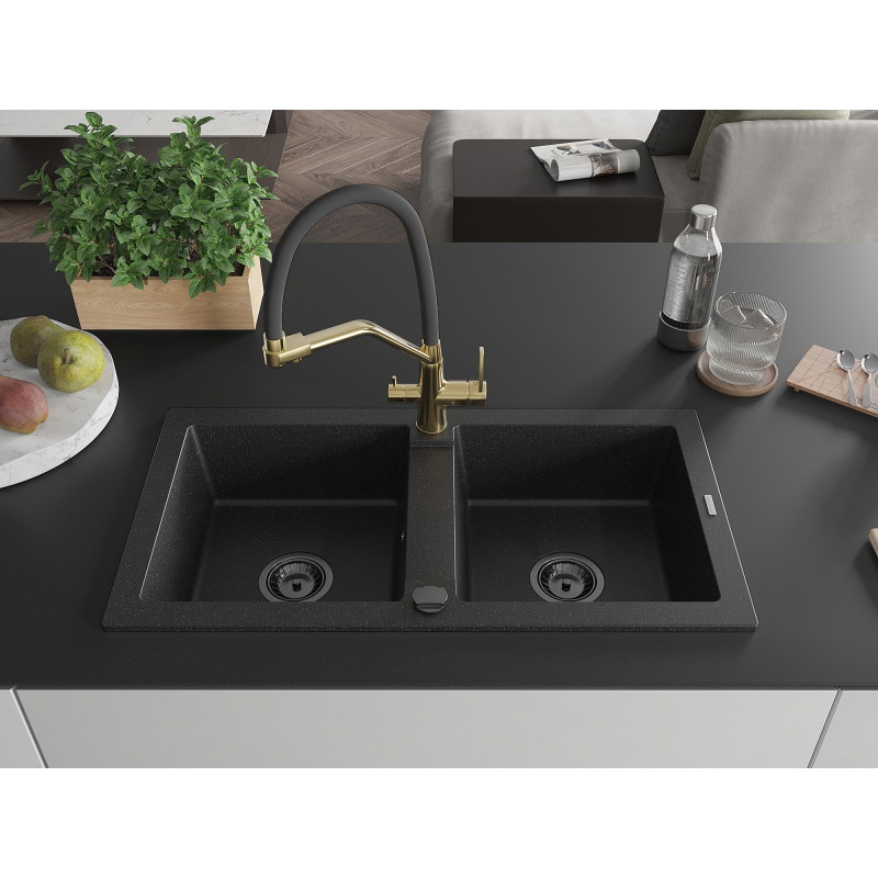 Mexen Mario granitspüle 2-beckig mit Küchenarmatur Duo, schwarz/silber metallic - 6504-73-671701-57-B
