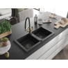 Mexen Mario granitspüle 2-beckig mit Küchenarmatur Duo, schwarz/silber metallic - 6504-73-671701-57-B