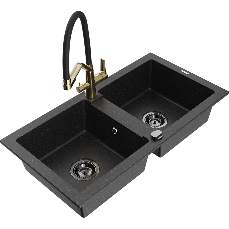 Mexen Mario granite kitchen sink 2-chamber with Duo kitchen tap, black/silver metallic - 6504-73-671701-57-B