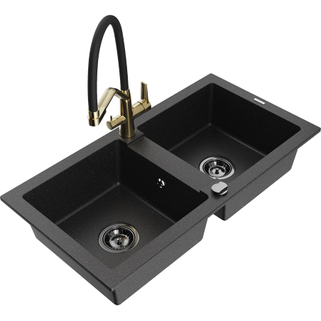 Mexen Mario lavello in granito a 2 vasche con miscelatore da cucina Duo, nero/metallizzato argento - 6504-73-671701-57-B