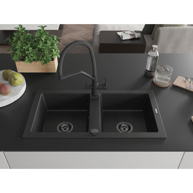 Mexen Mario fregadero de granito de 2 senos con grifo de cocina Duo, negro/plata metálica - 6504-73-671701-70-B