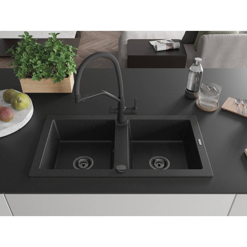 Mexen Mario granite kitchen sink 2-compartment with Duo kitchen tap, black/silver metallic - 6504-73-671701-70-B