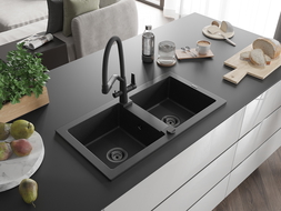 Mexen Mario granite kitchen sink 2-compartment with Duo kitchen tap, black/silver metallic - 6504-73-671701-70-B