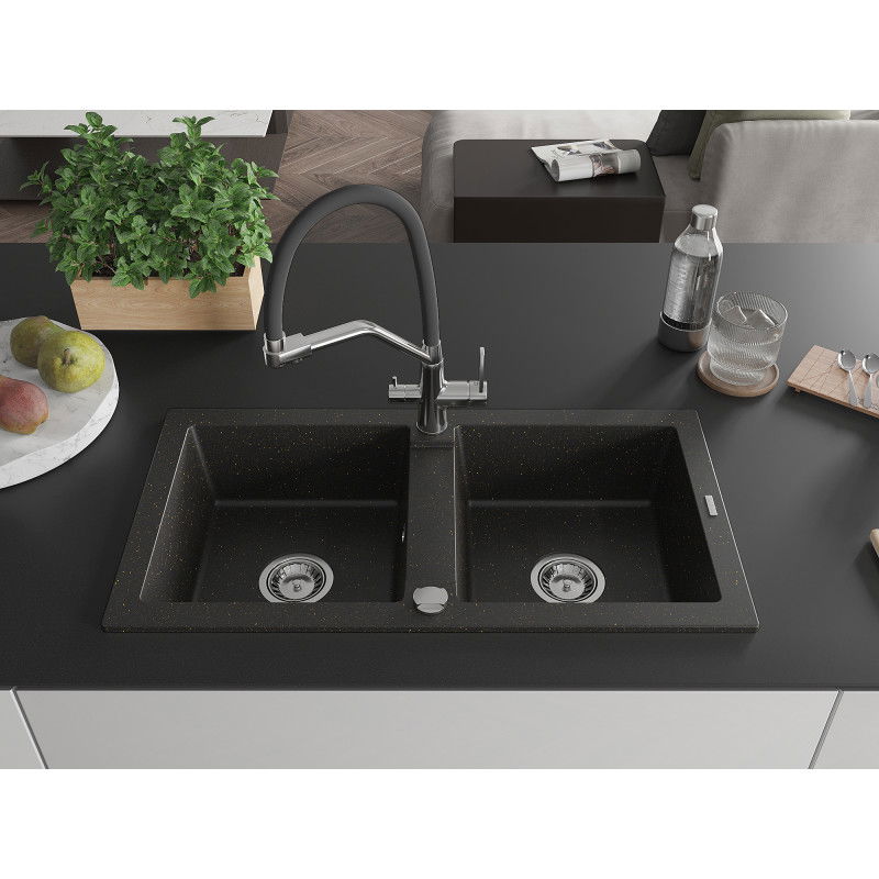 Mexen Mario fregadero de granito de 2 compartimentos con grifo de cocina Duo, negro/metalizado dorado - 6504-75-671701-07
