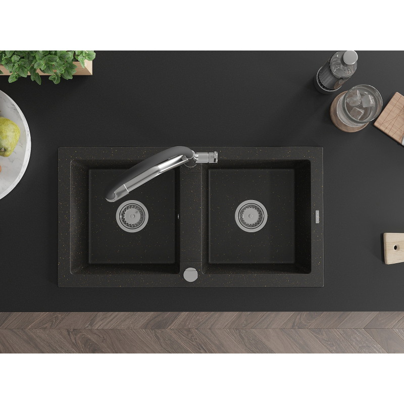 Mexen Mario fregadero de granito de 2 compartimentos con grifo de cocina Duo, negro/dorado metálico - 6504-75-671701-07