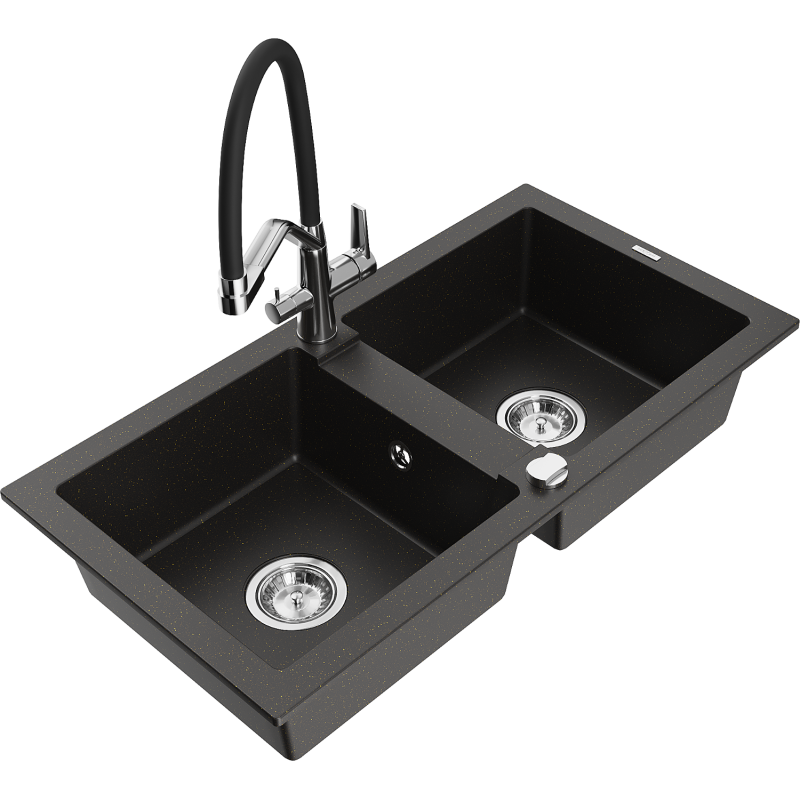 Mexen Mario fregadero de granito de 2 compartimentos con grifo de cocina Duo, negro/metalizado dorado - 6504-75-671701-07