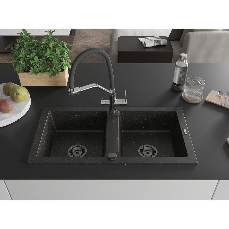 Mexen Mario granitspüle 2-kammer-mit Küchenarmatur Duo, schwarz/gold metallic - 6504-75-671701-07-B