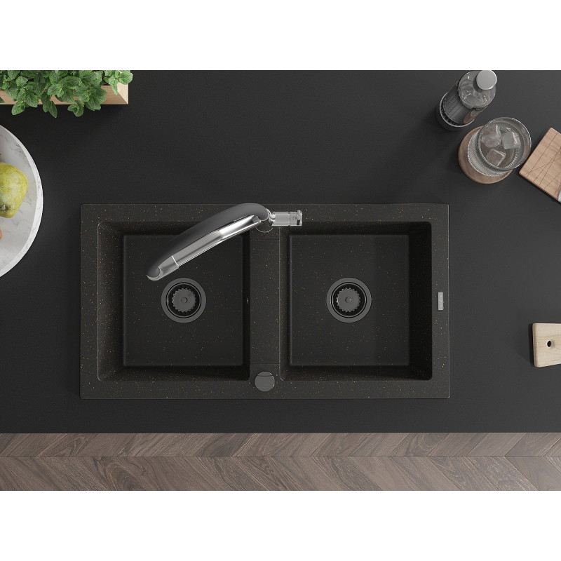 Mexen Mario granitspüle 2-kammer-mit Küchenarmatur Duo, schwarz/gold metallic - 6504-75-671701-07-B
