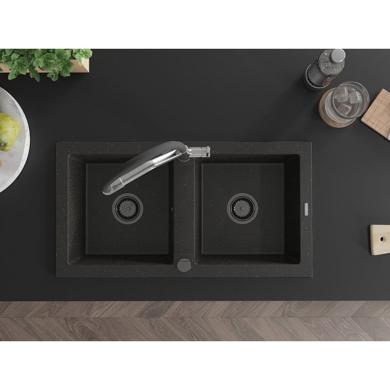 Mexen Mario lavello in granito a 2 vasche con rubinetto da cucina Duo, nero/oro metallico - 6504-75-671701-07-B