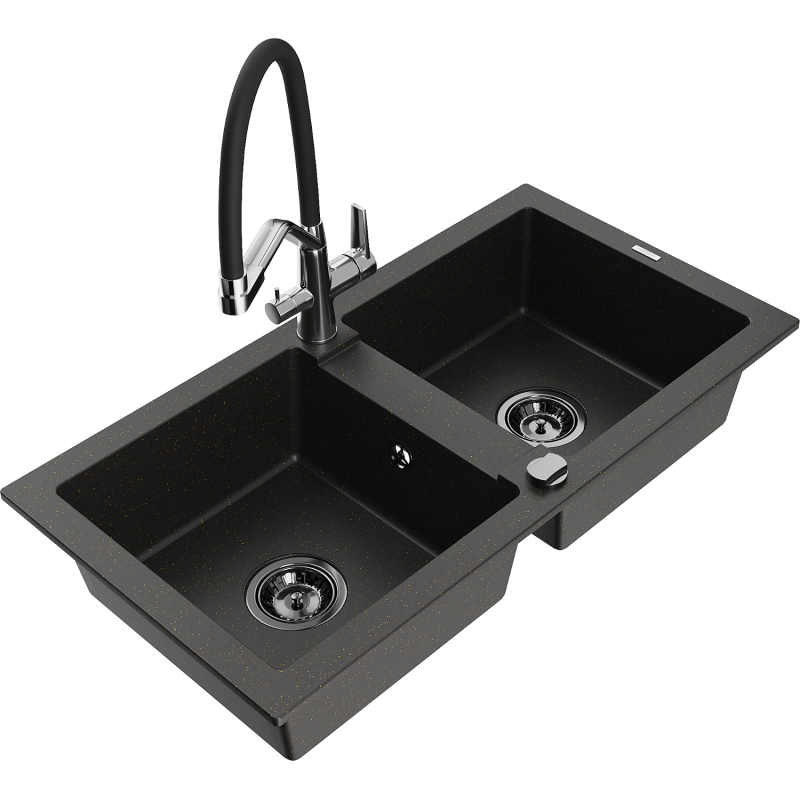 Mexen Mario fregadero de granito de 2 compartimentos con grifo de cocina Duo, negro/dorado metálico - 6504-75-671701-07-B