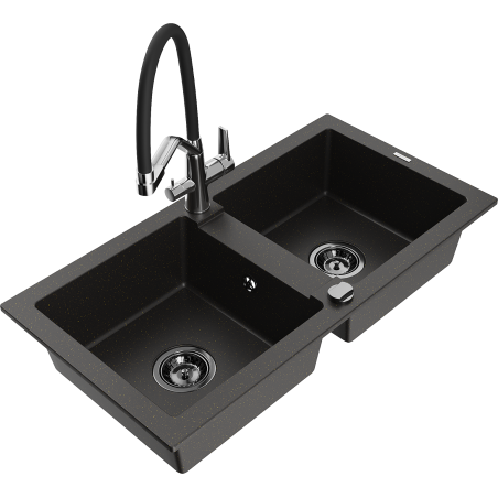 Mexen Mario granieten spoelbak 2-kamer met keukenkraan Duo, zwart/goud metallic - 6504-75-671701-07-B
