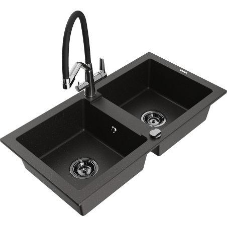 Mexen Mario granite kitchen sink 2-bowl with Duo kitchen tap, black/gold metallic - 6504-75-671701-07-B