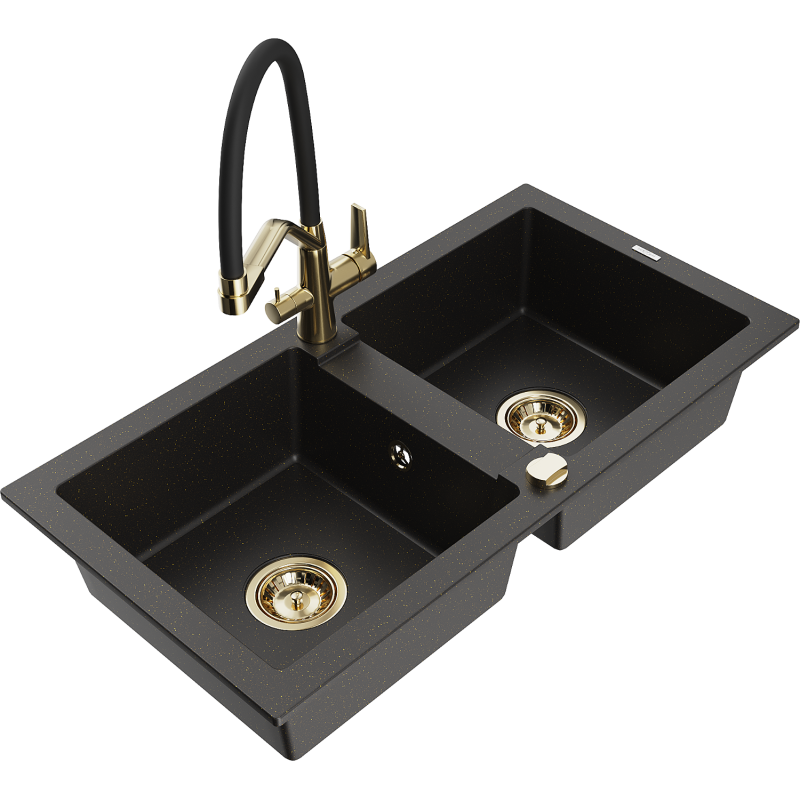 Mexen Mario 2-bowl granite sink with Duo kitchen tap, black/gold metallic - 6504-75-671701-57-G