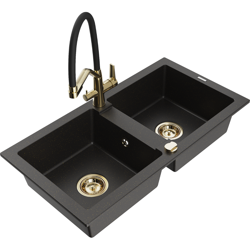 Mexen Mario granitdiskbänk med 2 fack med kökskran Duo, svart/guldfärgad metallic - 6504-75-671701-57-G