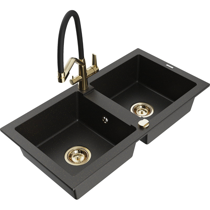 Mexen Mario tweevaks granieten gootsteen met keukenkraan Duo, zwart/goud metallic - 6504-75-671701-57-G