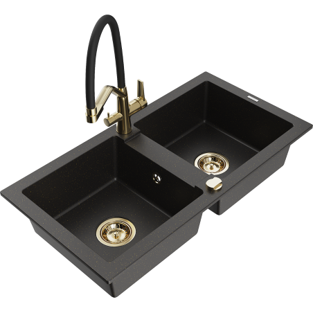 Mexen Mario 2-bowl granite sink with Duo kitchen tap, black/gold metallic - 6504-75-671701-57-G