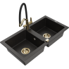 Mexen Mario 2-bowl granite sink with Duo kitchen tap, black/gold metallic - 6504-75-671701-57-G