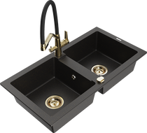 Mexen Mario 2-bowl granite sink with Duo kitchen tap, black/gold metallic - 6504-75-671701-57-G