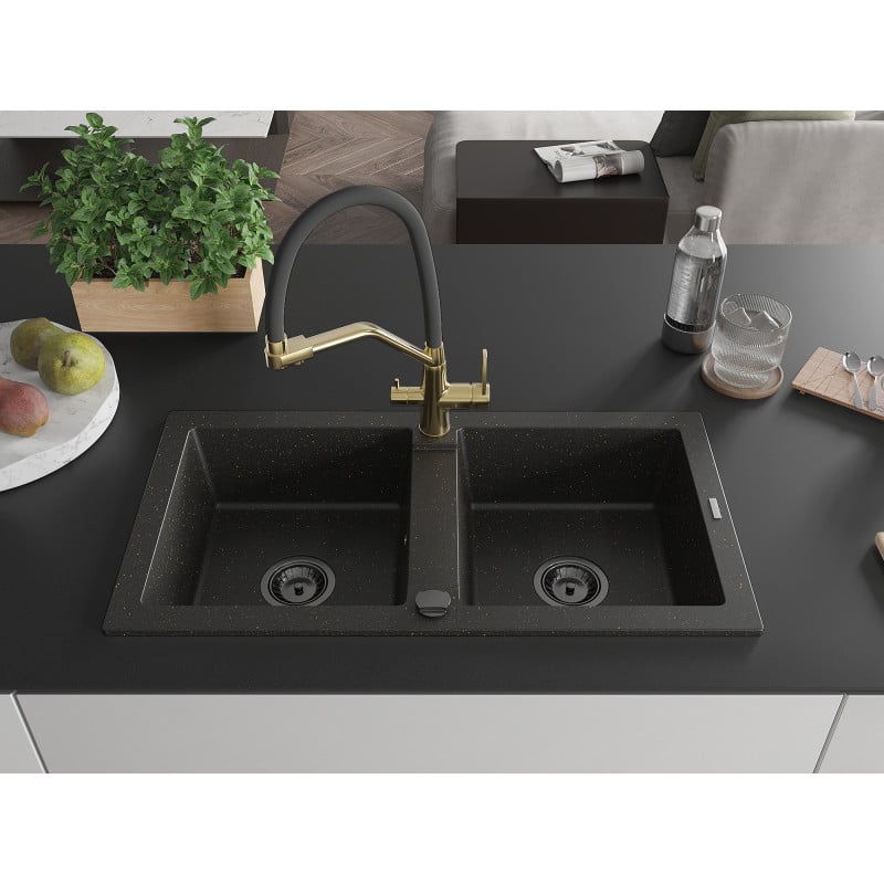 Mexen Mario fregadero de granito de 2 compartimentos con grifo de cocina Duo, negro/oro metálico - 6504-75-671701-57-B
