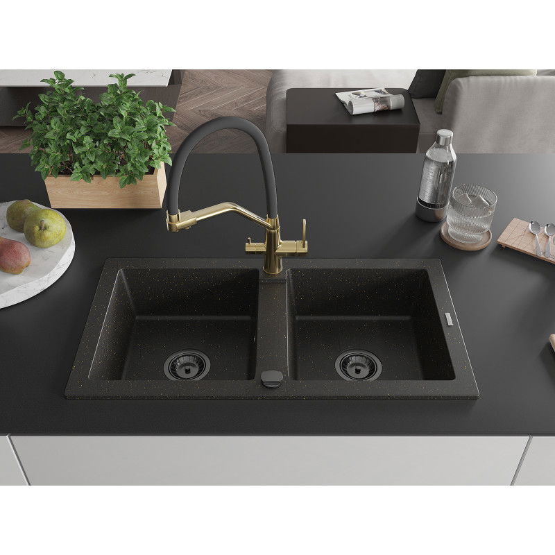 Mexen Mario granite kitchen sink 2-bowl with Duo kitchen tap, black/gold metallic - 6504-75-671701-57-B