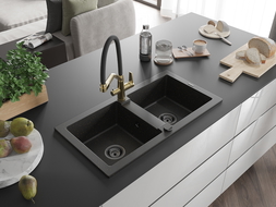 Mexen Mario Granitspüle 2-Kammer mit Küchenarmatur Duo, schwarz/gold metallic - 6504-75-671701-57-B
