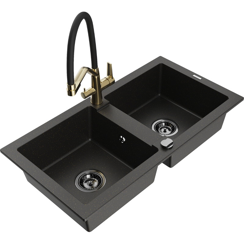 Mexen Mario fregadero de granito de 2 compartimentos con grifo de cocina Duo, negro/metálico dorado - 6504-75-671701-57-B