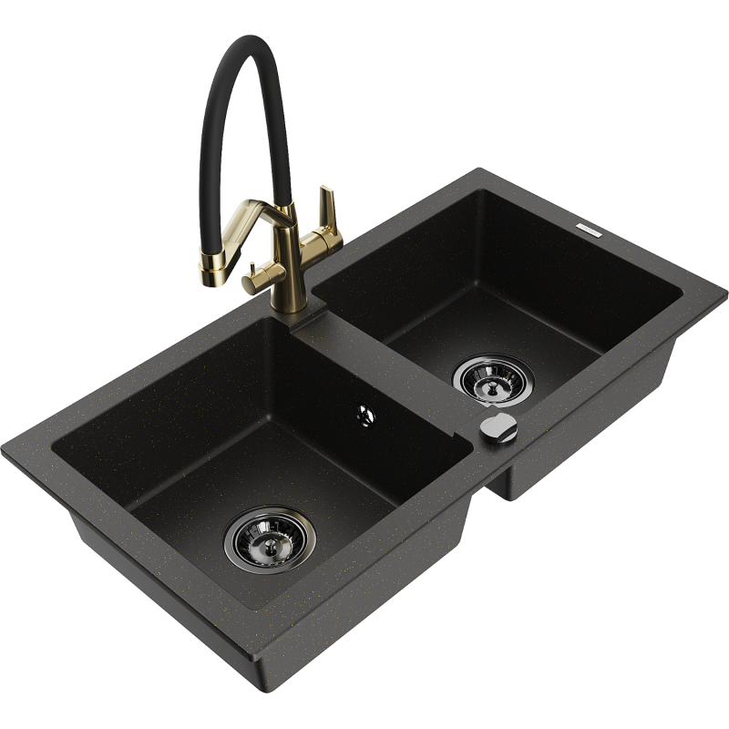 Mexen Mario fregadero de granito de 2 compartimentos con grifo de cocina Duo, negro/oro metálico - 6504-75-671701-57-B