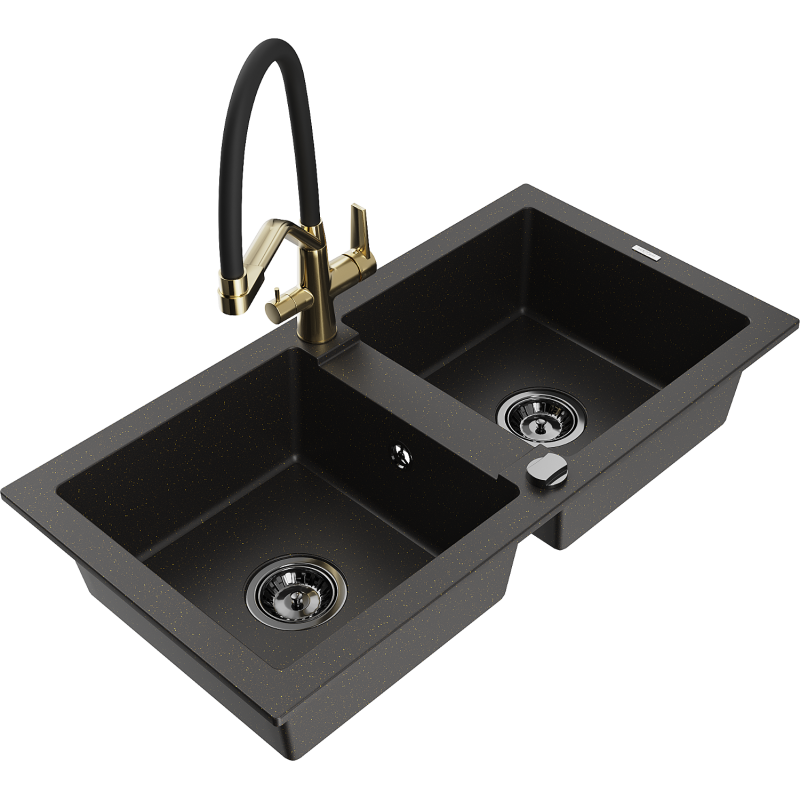 Mexen Mario granite kitchen sink 2-bowl with Duo kitchen tap, black/gold metallic - 6504-75-671701-57-B