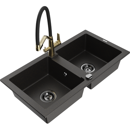 Mexen Mario lavello da cucina in granito a 2 vasche con rubinetto Duo, nero/oro metallizzato - 6504-75-671701-57-B