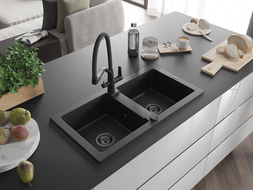Mexen Mario Granitspüle 2-Kammer mit Küchenarmatur Duo, Schwarz/Gold Metallic - 6504-75-671701-70-B