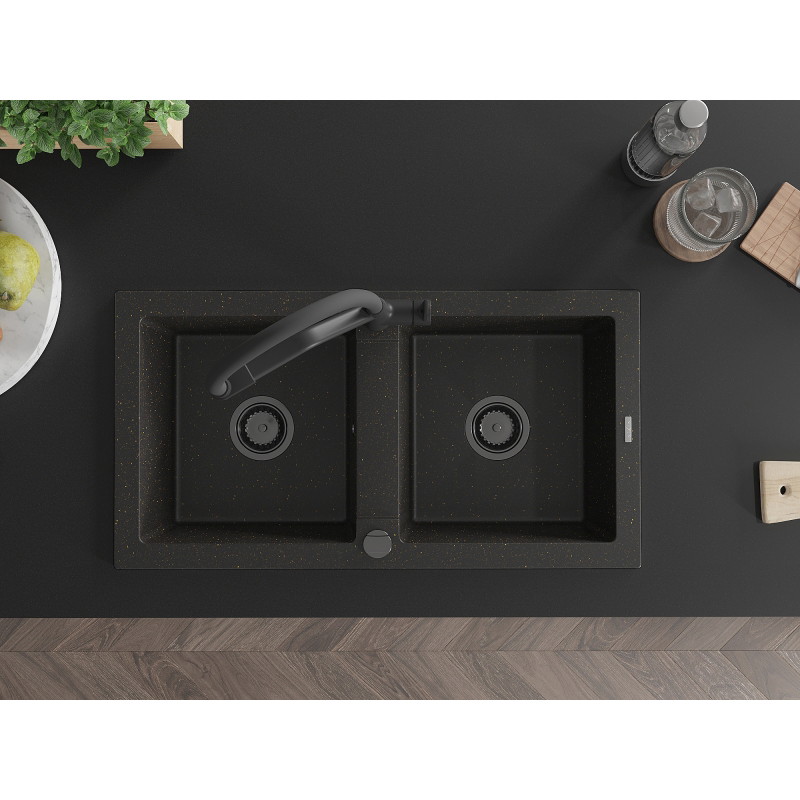 Mexen Mario fregadero de granito de 2 compartimentos con grifo de cocina Duo, negro/oro metálico - 6504-75-671701-70-B