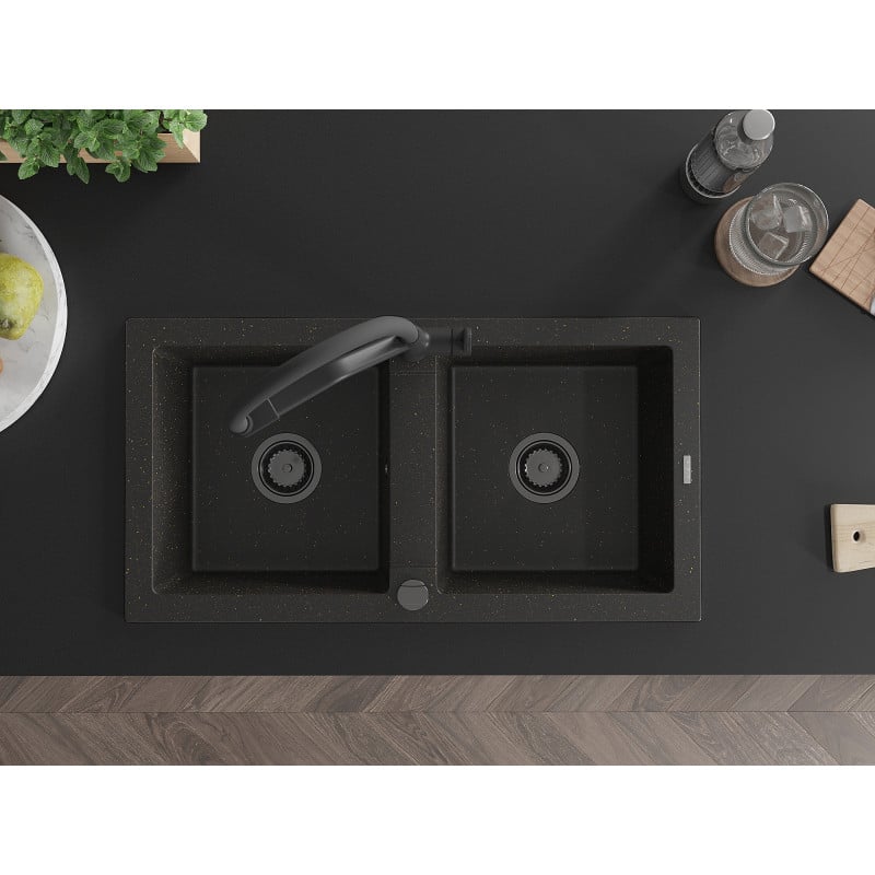 Mexen Mario fregadero de granito de 2 senos con grifo de cocina Duo, negro/dorado metálico - 6504-75-671701-70-B