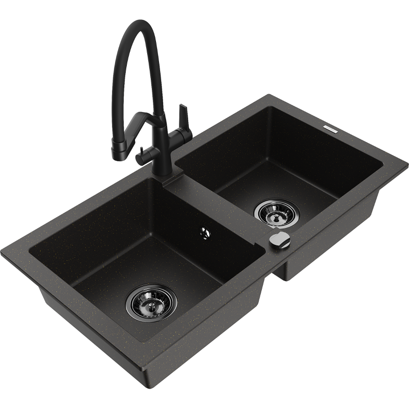 Mexen Mario fregadero de granito de 2 senos con grifo de cocina Duo, negro/dorado metálico - 6504-75-671701-70-B
