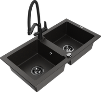 Mexen Mario granite kitchen sink 2-bowl with Duo kitchen faucet, black/gold metallic - 6504-75-671701-70-B