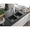 Mexen Mario granite sink 2-bowl with Duo kitchen tap, black speckled - 6504-76-671701-07