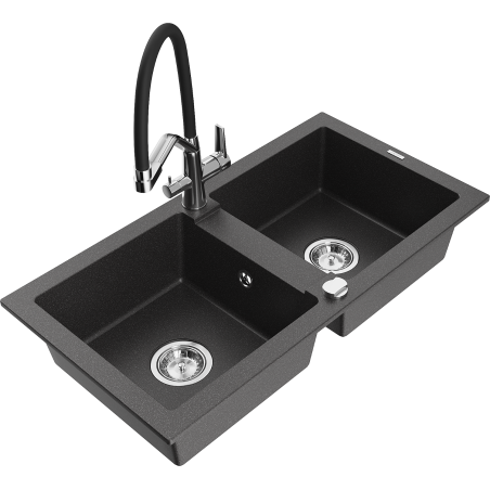 Mexen Mario fregadero de granito de 2 senos con grifo de cocina Duo, negro moteado - 6504-76-671701-07