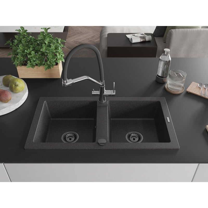 Mexen Mario fregadero de granito de 2 senos con grifo de cocina Duo, negro moteado - 6504-76-671701-07-B