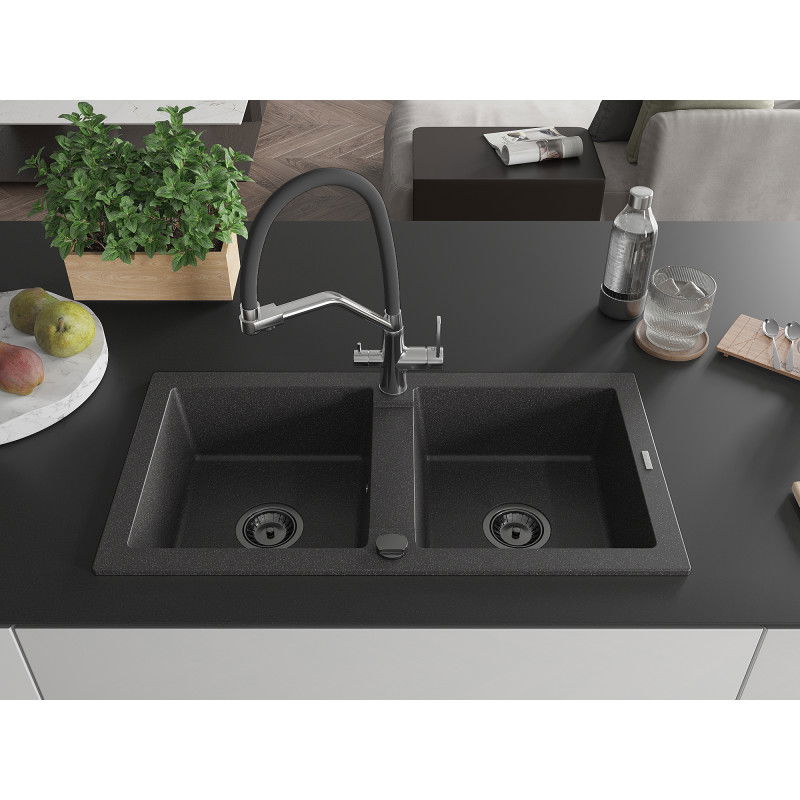 Mexen Mario Granite Sink 2-Bowl with Duo Kitchen Tap, Black Spotted - 6504-76-671701-07-B