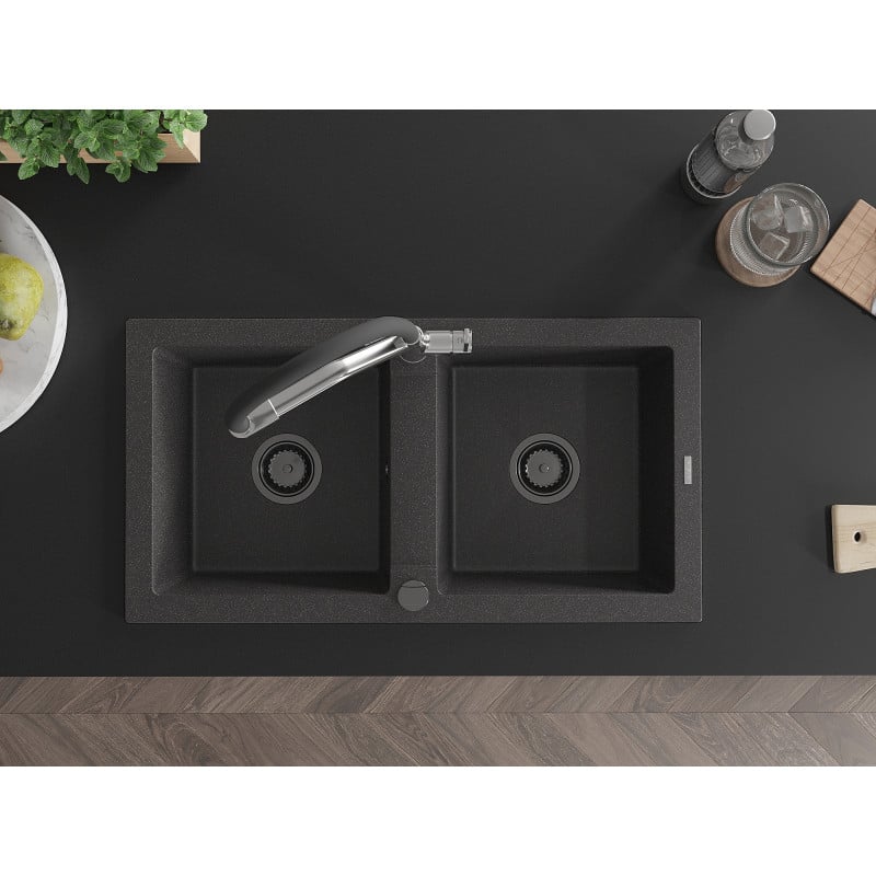 Mexen Mario fregadero de granito de 2 senos con grifo de cocina Duo, negro moteado - 6504-76-671701-07-B