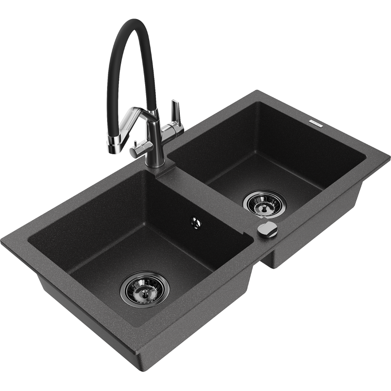 Mexen Mario fregadero de granito de 2 senos con grifo de cocina Duo, negro moteado - 6504-76-671701-07-B
