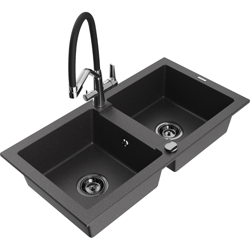 Mexen Mario Granite Sink 2-Bowl with Duo Kitchen Tap, Black Spotted - 6504-76-671701-07-B