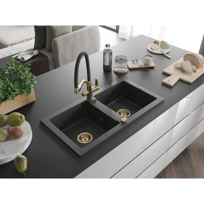 Mexen Mario fregadero de granito de 2 senos con grifo de cocina Duo, negro moteado - 6504-76-671701-57-G