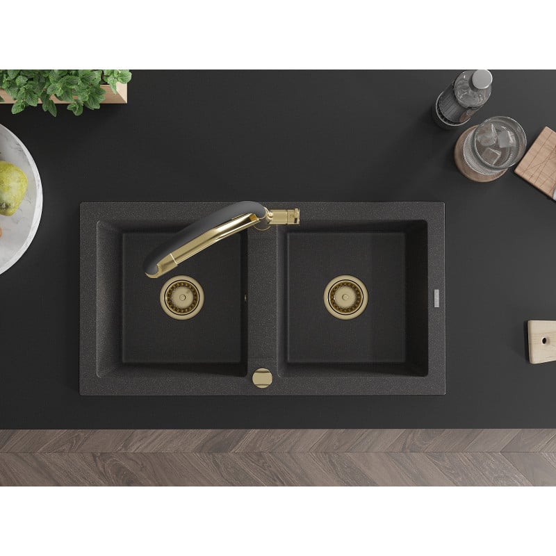 Mexen Mario fregadero de granito de 2 senos con grifo de cocina Duo, negro moteado - 6504-76-671701-57-G